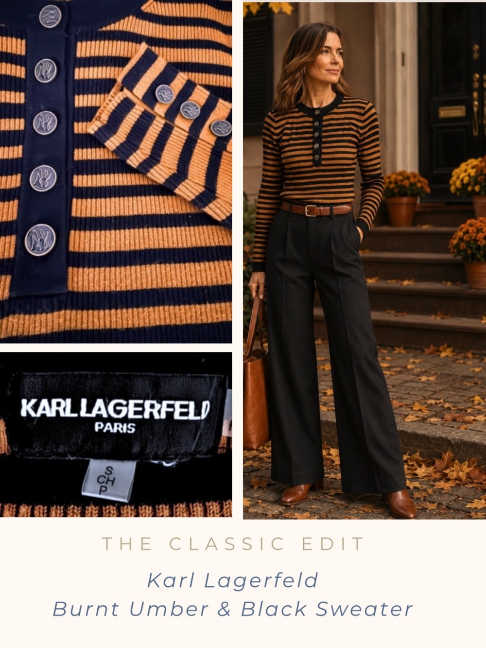 Karl Lagerfeld Paris Ribbed Knit Sweater Black Burnt Umber Stripe Button Detail